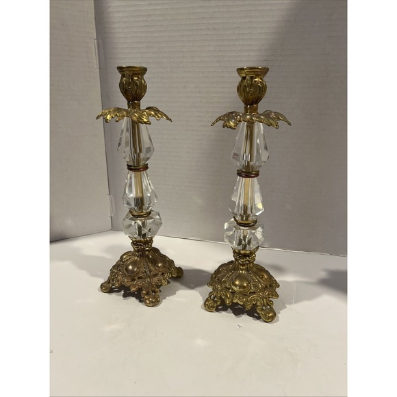 VTG Antique Victorian Brass Figural Crystal Hollywood Regen Candlestick Holders